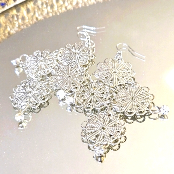 Silver and Rhinestone Dangle Earrings - Picture 1 of 3